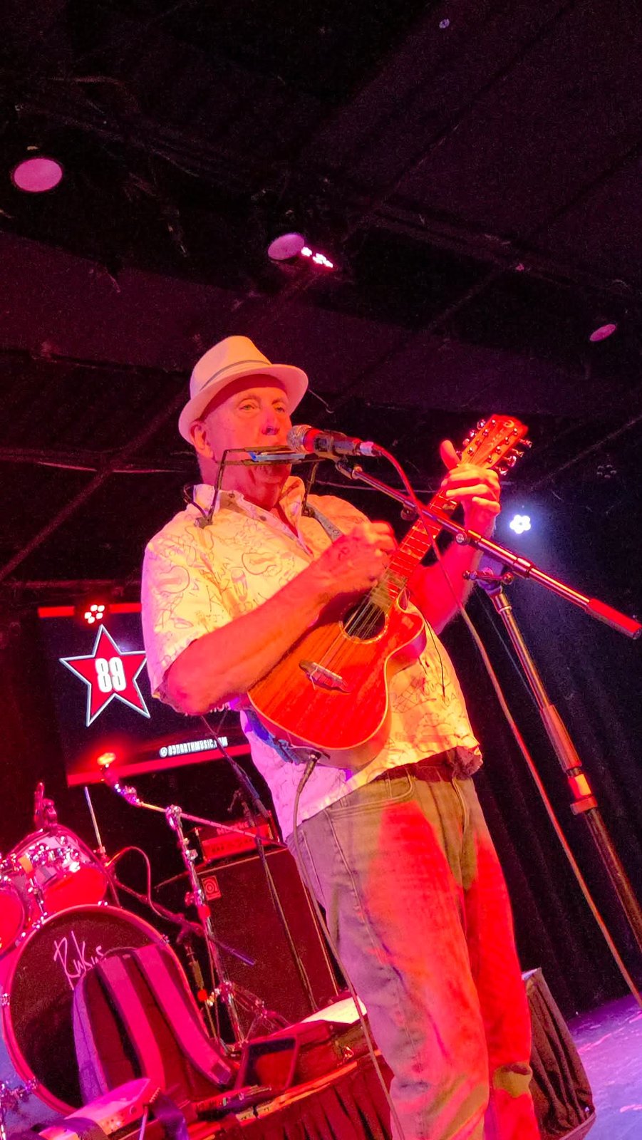 Tom Hood on stage with a 12-string acoustic guitar